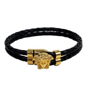 Versace, Bracelet Medusa cuir tressé noir