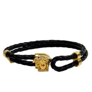 Versace, Bracelet Medusa cuir tressé noir