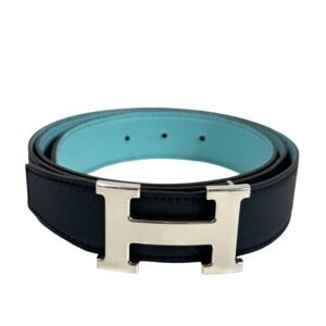 Hermès, ceinture réversible marine et turquoise, boucle H