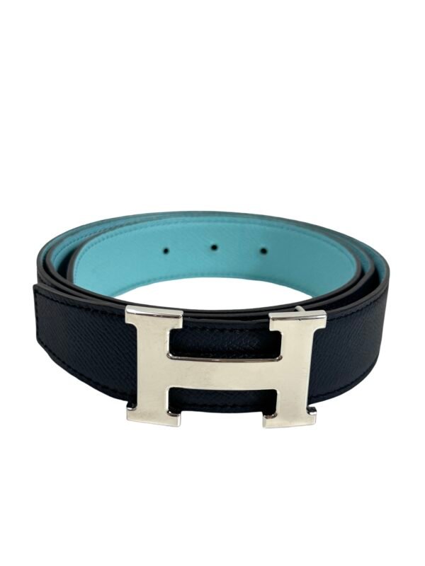 Hermès, ceinture réversible marine et turquoise, boucle H